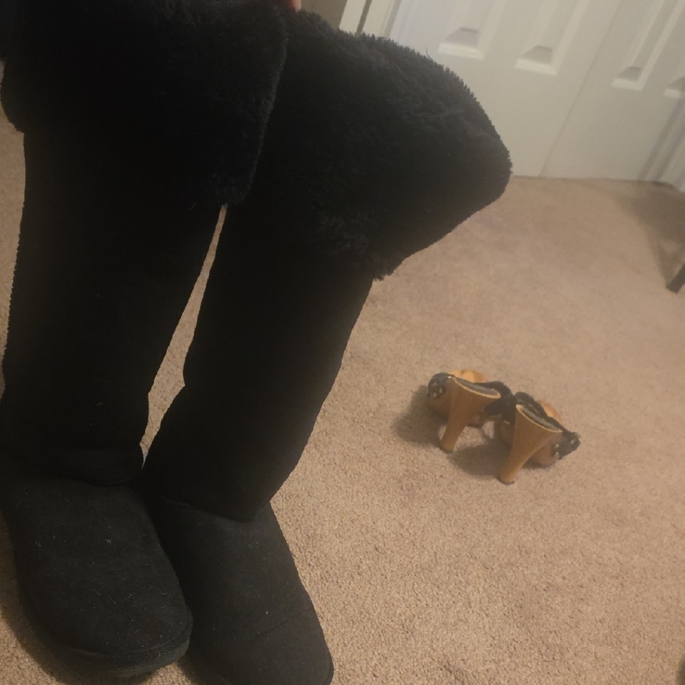 Black Furry Knee-High Boots